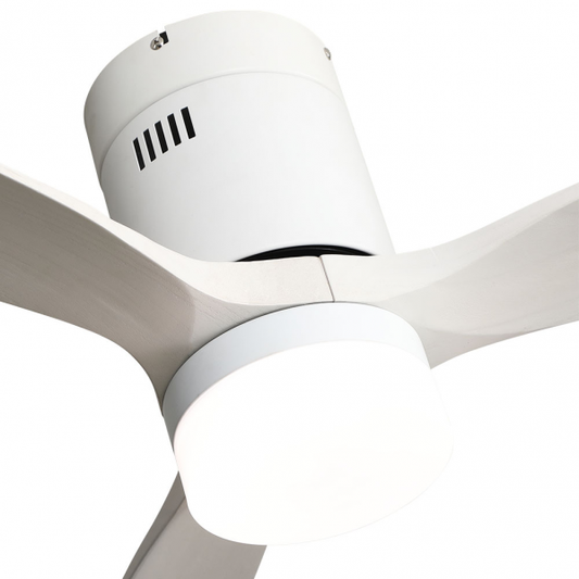 Ventilador de techo LED Aguilon blanco 20W de Abrila modelo 128291301 con motor DC, 6 velocidades regulables, luz LED integrada, temporizador y diseño para interiores domésticos.