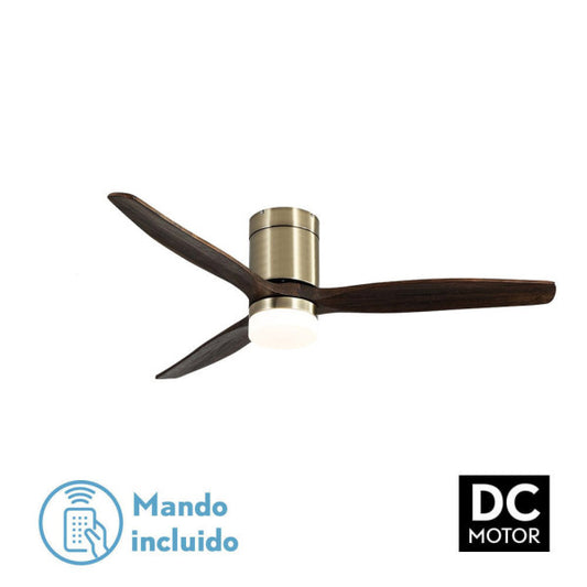 Ventilador de techo Aguilon en acabado cuero roble de Abrila, modelo 128291364 con motor DC de 20W, 6 velocidades, luz LED integrada regulable y control AI2 para interior doméstico