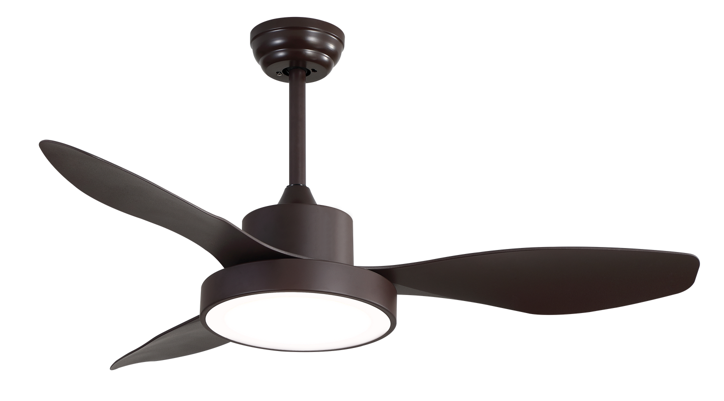 Ventilador de techo Hayate 48W en color marrón con LED integrado, motor DC reversible para verano e invierno, modelo Abrila AI2 para uso doméstico interior, referencia 128591302