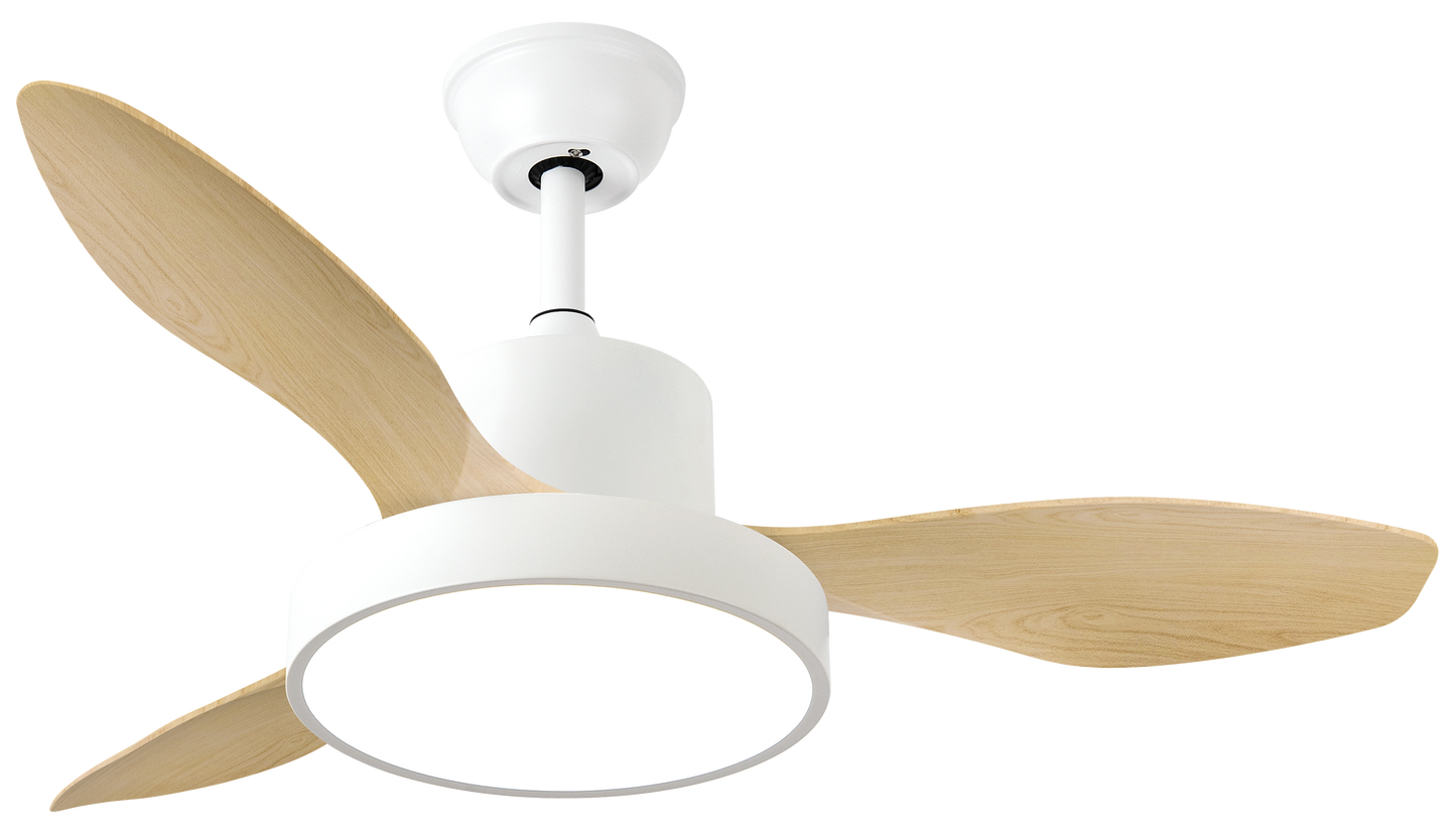 ```
alt=Ventilador de techo Hayate 24W blanco/haya Abrila, con control remoto, iluminación regulable y LED integrado
```