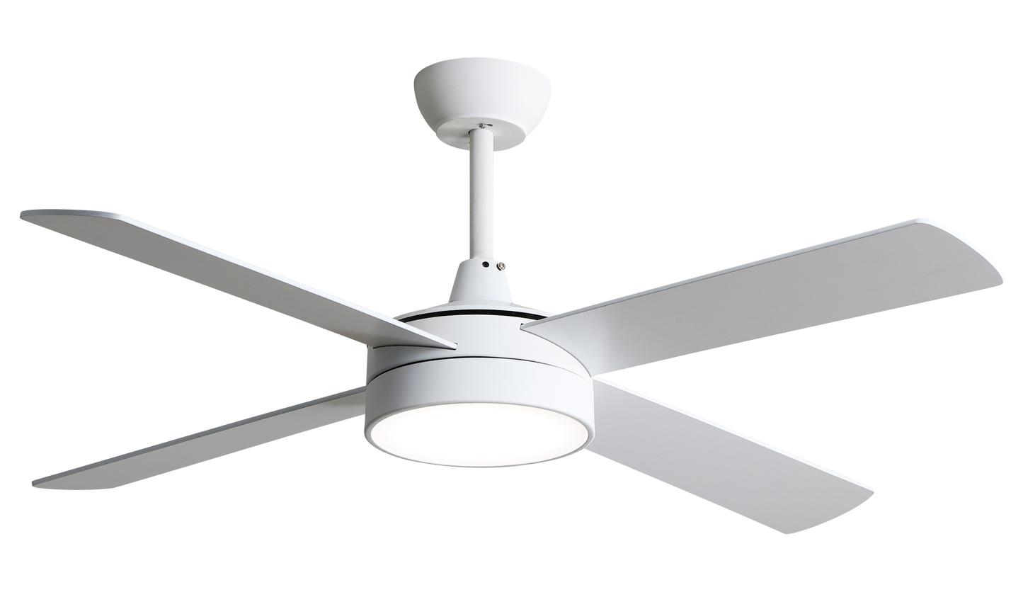 Ventilador de techo Nevery 26W blanco de Abrila con motor DC, aspas reversibles de haya, LED integrado, control remoto y temporizador para uso doméstico interior.