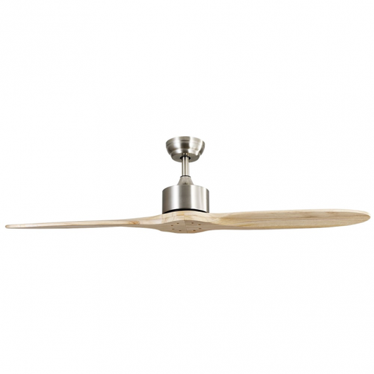 Ventilador de techo Leste en níquel y haya sin luz integrada, modelo Abrila 128990242 con motor DC eficiente, 5 velocidades ajustables y diseño en metal y madera para interiores domésticos.