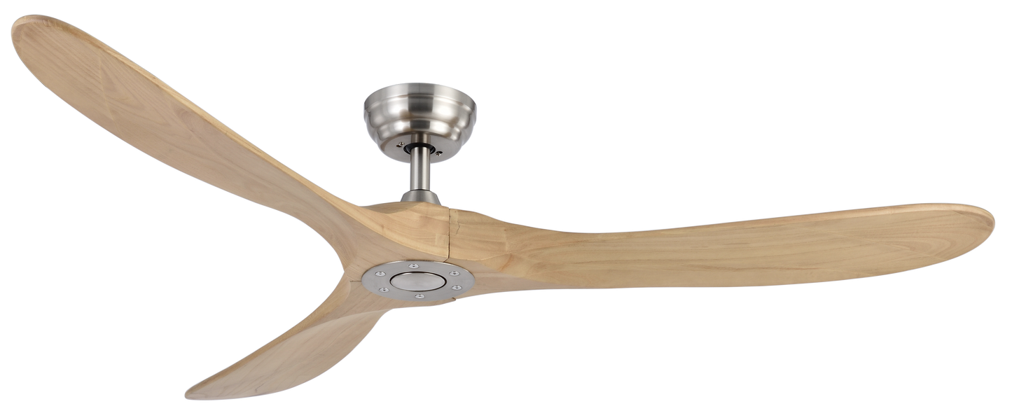 Ventilador de techo DC Marin en níquel y haya de 152 cm, modelo Abrila 129090342 con 6 velocidades, motor DC eficiente, mando a distancia, temporizador y diseño en metal y madera para interiores domésticos.