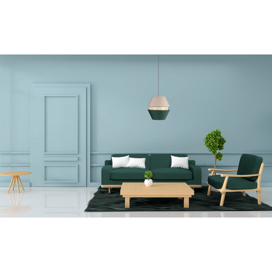 Lámpara colgante Trajano 3 pantallas en verde y beige de Abrila, diseño moderno de iluminación difusa para interiores domésticos con textil, ideal para decoración contemporánea, modelo 130391006.