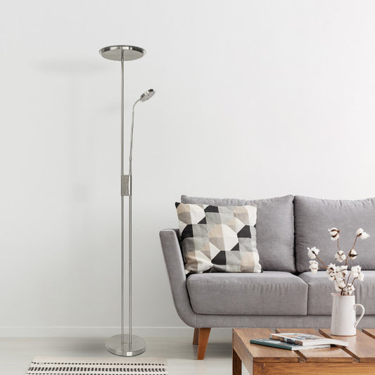 Lámpara de pie Antares en níquel satinado, diseño moderno de Abrila con 20W+7W LED regulable a 4000K luz blanca natural, ideal para iluminación doméstica, lectura y decoración de salón interior.