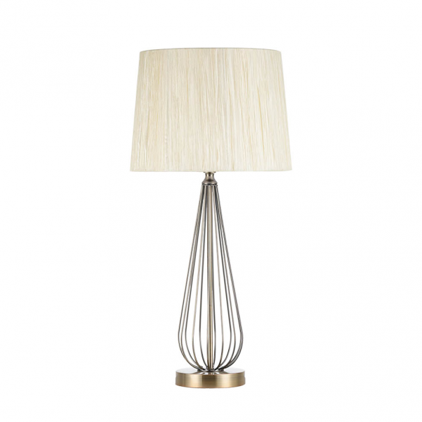 Lámpara de sobremesa Robina en cuero beige de Abrila, modelo 139071014 con base metálica y pantalla textil, diseño elegante para interiores domésticos, iluminación LED E27, dimensiones 62x30 cm.