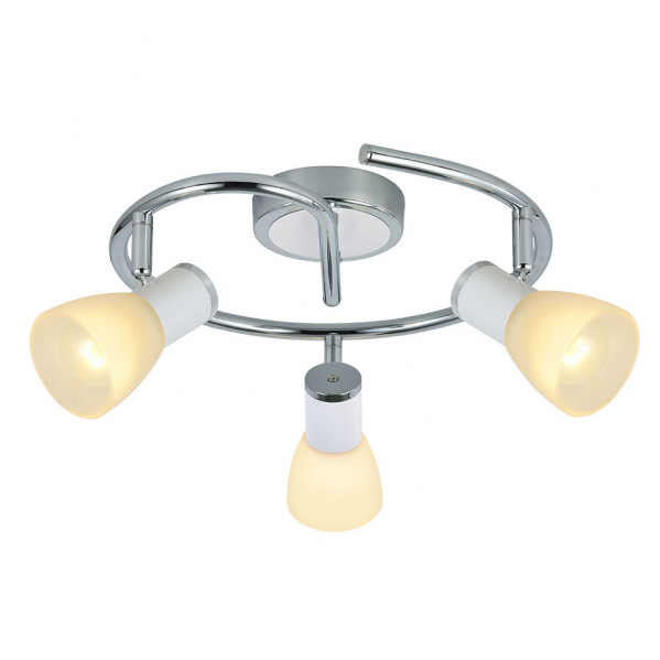 Plafon Cholo de Abrila modelo 141953001 en blanco y cromo, diseño moderno con 3 casquillos E14 orientables, dimensiones 16x34x34 cm, ideal para iluminación interior doméstica en metal y cristal.