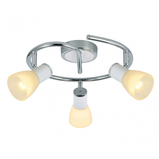 Plafon Cholo de Abrila modelo 141953001 en blanco y cromo, diseño moderno con 3 casquillos E14 orientables, dimensiones 16x34x34 cm, ideal para iluminación interior doméstica en metal y cristal.