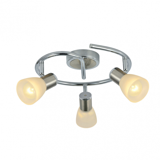 Plafon Cholo 3xE14 en cromo/níquel de Abrila, modelo 141953020, diseño moderno y orientable de 16x34x34 cm con focos articulares LED para iluminación interior doméstica en metal y cristal.