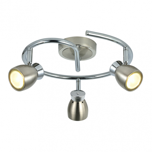 Plafon Chacho de Abrila en níquel cromo, modelo 3xGU10 con focos modernos orientables, diseño doméstico interior de metal, dimensiones 14x30x30 cm, referencia 142453003