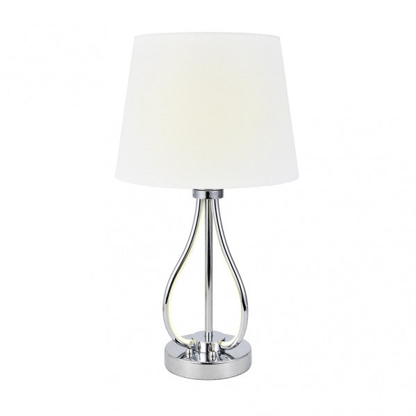 Lámpara de sobremesa Dubrovnik en acabado cromo de Abrila, modelo 153472020 con 9W LED integrado, diseño en metal y textil para iluminación difusa en decoración interior doméstica, estilo moderno en blanco natural.