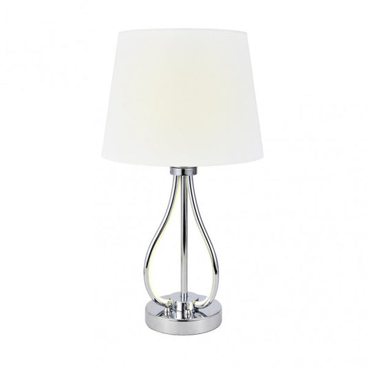 Lámpara de sobremesa Dubrovnik en acabado cromo de Abrila, modelo 153472020 con 9W LED integrado, diseño en metal y textil para iluminación difusa en decoración interior doméstica, estilo moderno en blanco natural.