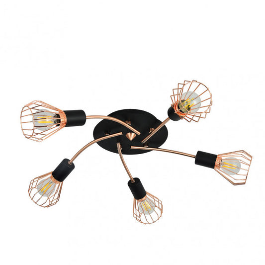 Plafon San Petersburgo de Abrila en negro y cobre, lámpara de techo moderna estilo industrial vintage con 5 casquillos E14, diseño metálico para iluminación de salón e interior doméstico, modelo 15x55x55 cm (153585073)