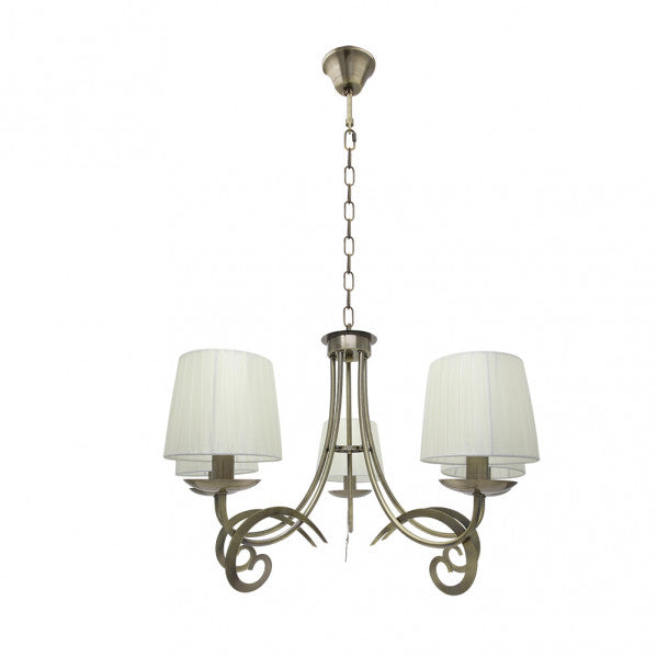 Lámpara de techo Luxor colgante de 5 luces en cuero beige, diseño clásico vintage de Abrila, ideal para iluminación interior doméstica con estructura de metal textil.