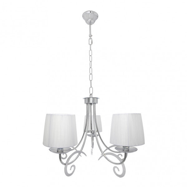 Lámpara Luxor de 5 luces en acabado cromo y blanco, diseño clásico vintage de Abrila para decoración interior doméstica, modelo 155255020 con estructura metálica y pantallas textiles.