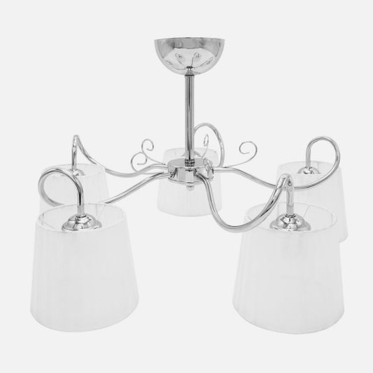 Lámpara colgante Cuzco de Abrila en acabado cromo, diseño clásico vintage con 5 casquillos E14, dimensiones 37x65x65 cm, ideal para iluminación doméstica interior en metal y textil.