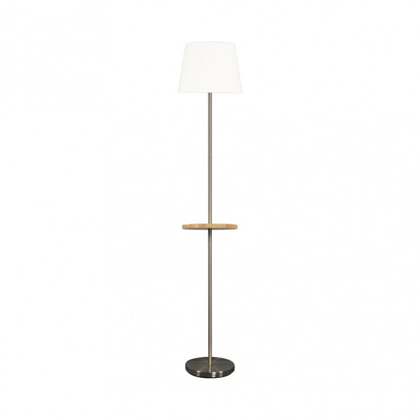 Lámpara de pie en acero níquel con mesita integrada Abrila 156841003, diseño moderno para salón interior con iluminación funcional en metal y madera, ideal para decoración doméstica.