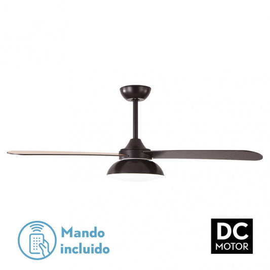 Ventilador de techo DC Umi 24W en color marrón con 3 aspas reversibles, control remoto incluido y LED integrado para iluminación. Modelo Abrila ideal para ventilación en verano e invierno en interiores domésticos, eficiente y silencioso.
