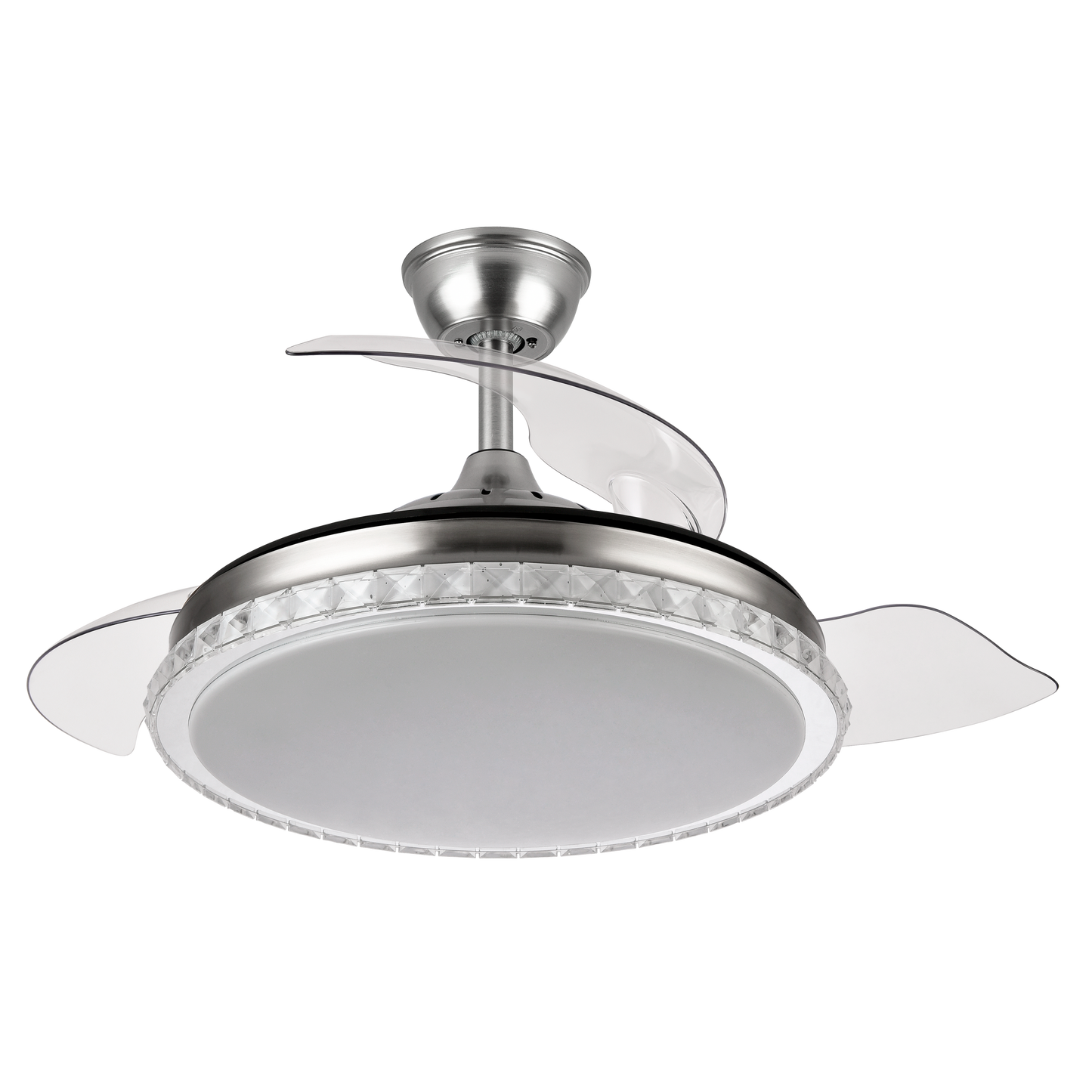 Ventilador de techo Biliku 72W en níquel con 3 aspas retráctiles, LED integrado y motor DC para ventilación en verano e invierno, modelo Abrila 165191403 ideal para interiores domésticos.