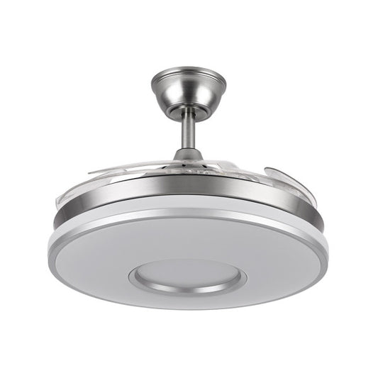 Ventilador de techo Dani en níquel satinado de 107 cm con aspas retráctiles, marca Abrila modelo 165391420, motor DC eficiente y luz LED integrada regulable para interiores domésticos.