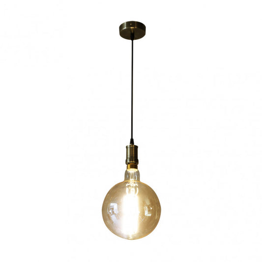 Lámpara colgante Celso de Abrila en estilo industrial moderno con pantalla de cuero y cristal ámbar, compatible con bombilla E27 LED vintage, ideal para iluminación de salón y decoración interior eficiente en el hogar.