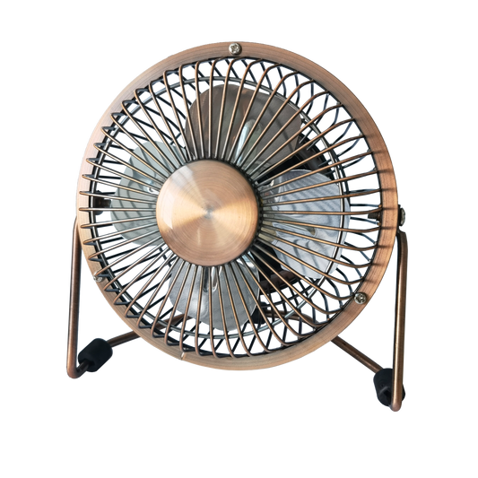 Mini ventilador portátil Bulerias en bronce de Abrila, modelo 170771012, recargable USB con base orientable de metal y policarbonato para uso doméstico interior.