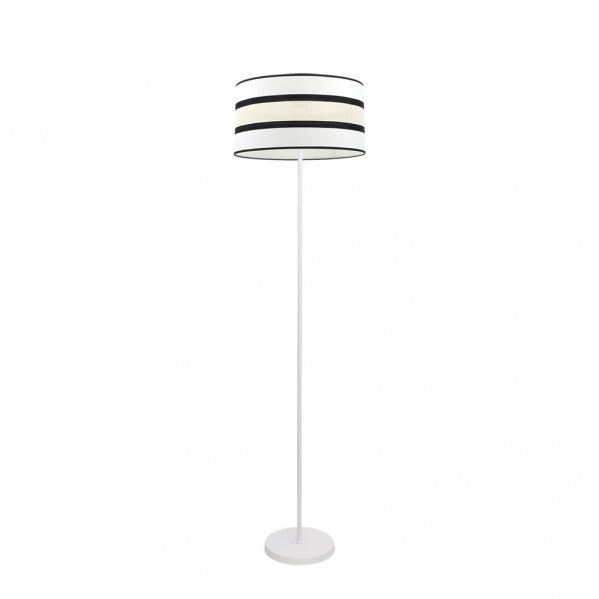 Lámpara de pie de salón Karla en blanco y beis, modelo Abrila de 149 cm con diseño vintage, fabricada en metal y textil para iluminación interior y decoración doméstica.
