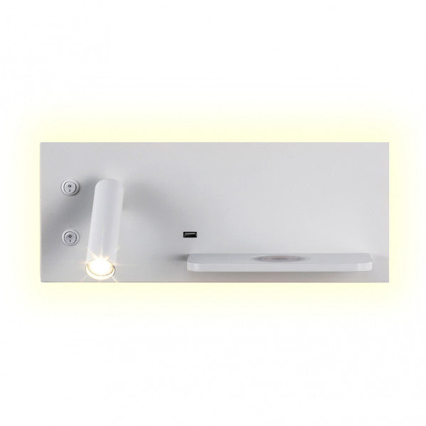 Aplique de pared Velazquez Izqdo Blanco con USB y carga inalámbrica QI, luz LED 4000K para lectura e interior minimalista moderno, modelo 17136IZ01 de Abrila, diseño decorativo doméstico en blanco.