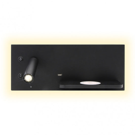 Aplique de pared Velazquez Izqdo en negro de Abrila, modelo 17136IZ09 con 2+8W LED integrado de 4000K luz neutra, foco orientable y carga inalámbrica USB-Qi para decoración interior moderna y ambiente doméstico.