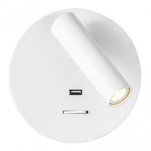 Aplique LED Giotto redondo blanco de 3W 4000K, modelo 171561R01 de Abrila, diseño moderno en metal con foco orientable para iluminación interior doméstica y conexión USB.
