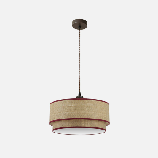 Colgante Roque de Abrila en acabado natural/rojo, diseño rústico de metal y textil con 2 casquillos E27, ideal para iluminación interior doméstica y decoración, diámetro 50cm (modelo 172895007).