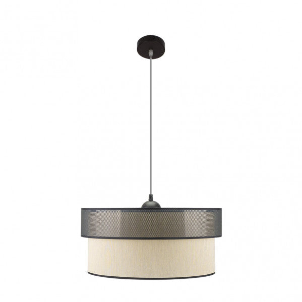 Colgante Felix en negro y dorado de 50 cm, lámpara colgante moderna de Abrila con casquillo E27 para iluminación interior directa, diseño en metal y textil para decoración doméstica contemporánea.