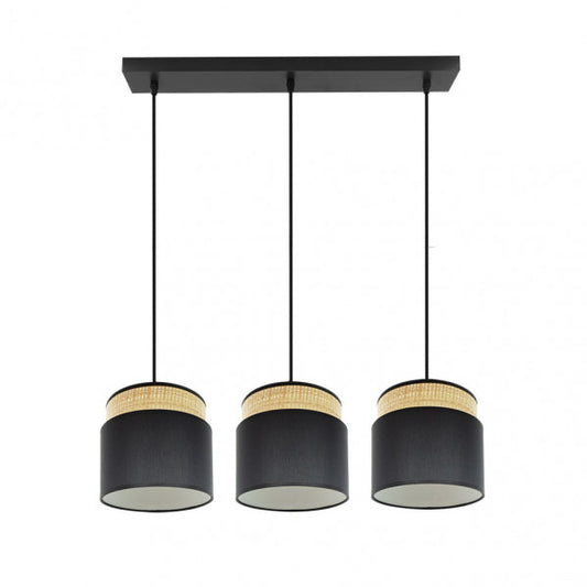 Regleta colgante Kandy de Abrila en acabado natural y negro, diseño de metal y textil con 3 casquillos E27 para iluminación doméstica, ideal para decoración interior moderna, referencia 174293109.