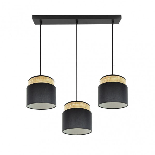 Regleta colgante Kandy de Abrila en acabado natural y negro, modelo 3xE27 con soporte para bombillas E27, diseño de metal y textil para iluminación doméstica y decoración interior moderna, referencia 174293109.