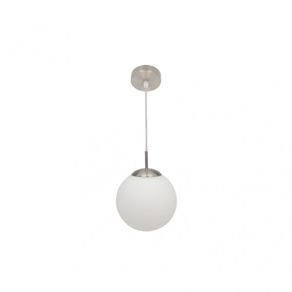 Colgante Astro 1xE27 de Abrila en blanco y níquel, diseño moderno de metal y cristal de 20x20 cm para iluminación LED interior y decoración doméstica (ref. 174392001).