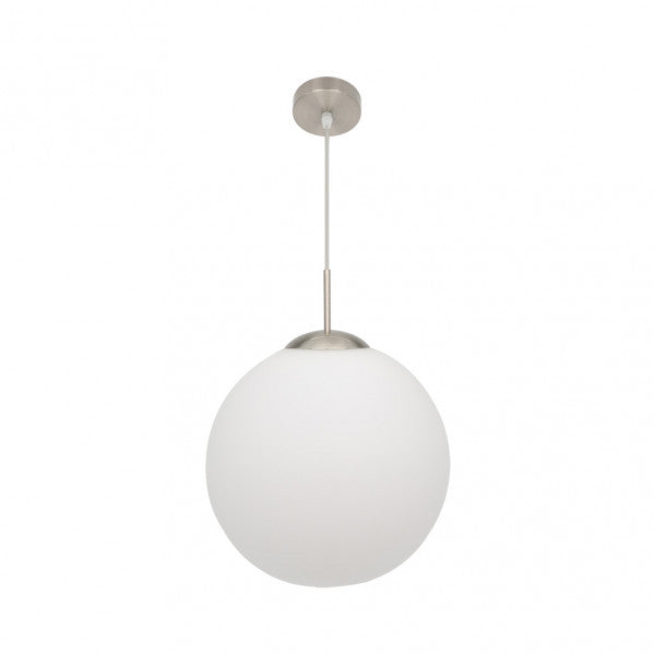 Colgante Astro de Abrila en blanco y níquel, lámpara colgante moderna de 35 cm con 1 bombilla E27, diseño en metal y cristal para iluminación difusa en interiores domésticos y decoración contemporánea.