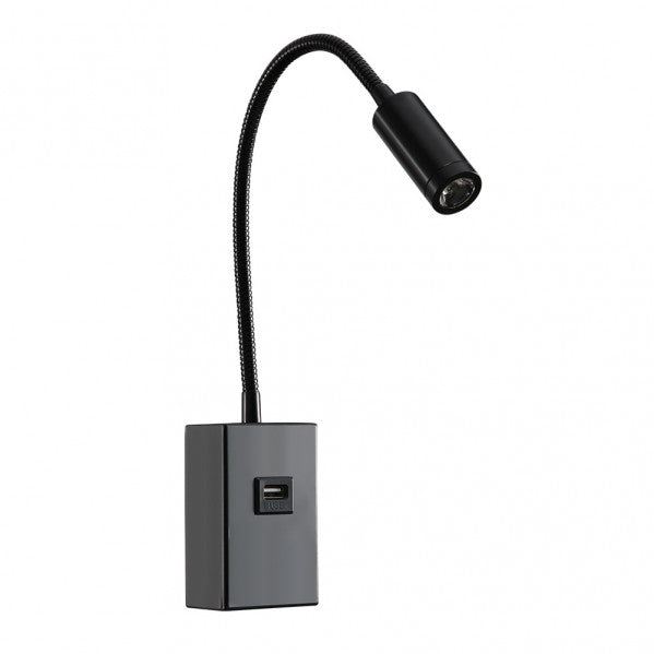 Aplique de pared Capote Negro 3W 4000K USB de Abrila (174961009), lámpara LED moderna de metal negro para iluminación interior doméstica, ideal para luz de lectura con conexión USB, diseño AI2 minimalista.