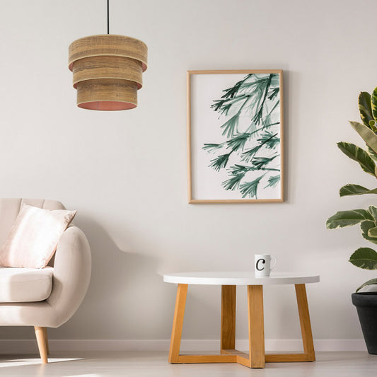 Colgante Triple Smile en cuero y madera oscura de 40 cm, lámpara moderna Abrila con diseño original para decoración interior doméstica, estilo smile textil y metal, referencia 175394084