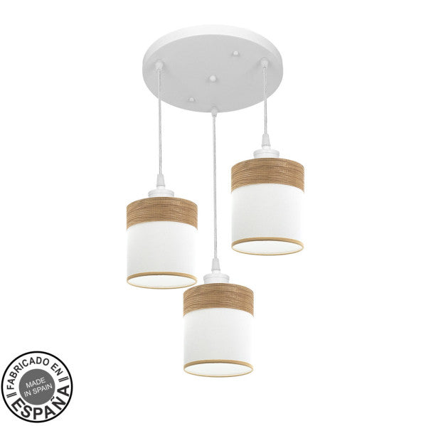 Plafon Cloe 3xE27 de Abrila en blanco y madera clara, diseño natural moderno de 42x42 cm para iluminación interior doméstica con base metálica y textil.