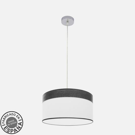 Colgante Cloe de Abrila en cromo y blanco con madera negra, diseño moderno 40x40 cm, bombilla E27 para luz difusa en interiores, lámpara colgante de metal y textil para decoración minimalista.