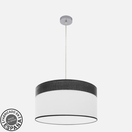 Colgante Cloe de Abrila con 2xE27 en acabado cromo y blanco-madera negra, diámetro 50cm, lámpara colgante moderna para iluminación interior doméstica, diseño en metal, textil y madera negra para decoración de interiores contemporáneos.