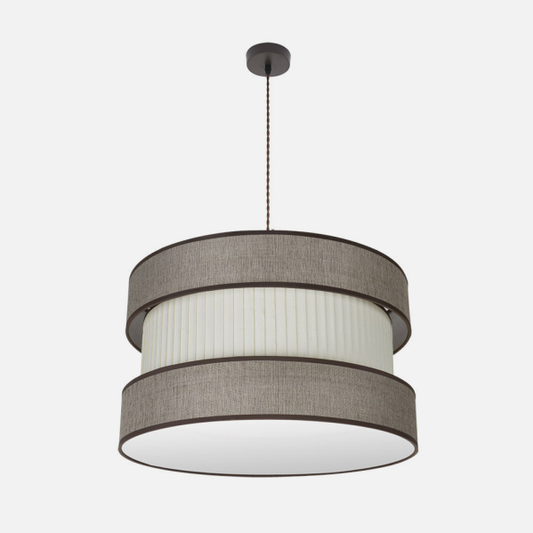 Colgante Home 3xE27 en marrón y beis de 60 cm de Abrila, lámpara colgante moderna de metal y textil para iluminación interior doméstica y decoración del hogar.