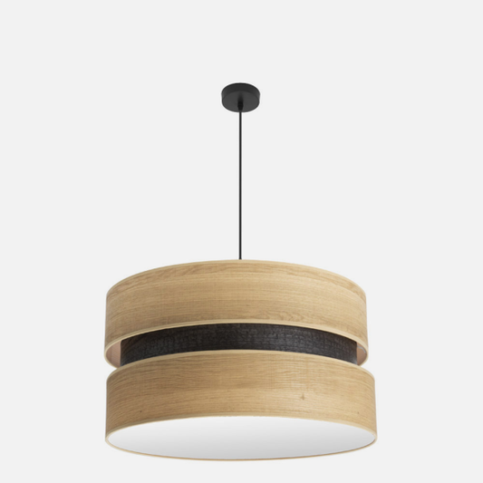 Colgante lámpara Colet 3xE27 en negro y madera clara de 60cm, diseño moderno de Abrila para iluminación interior doméstica en metal y textil.