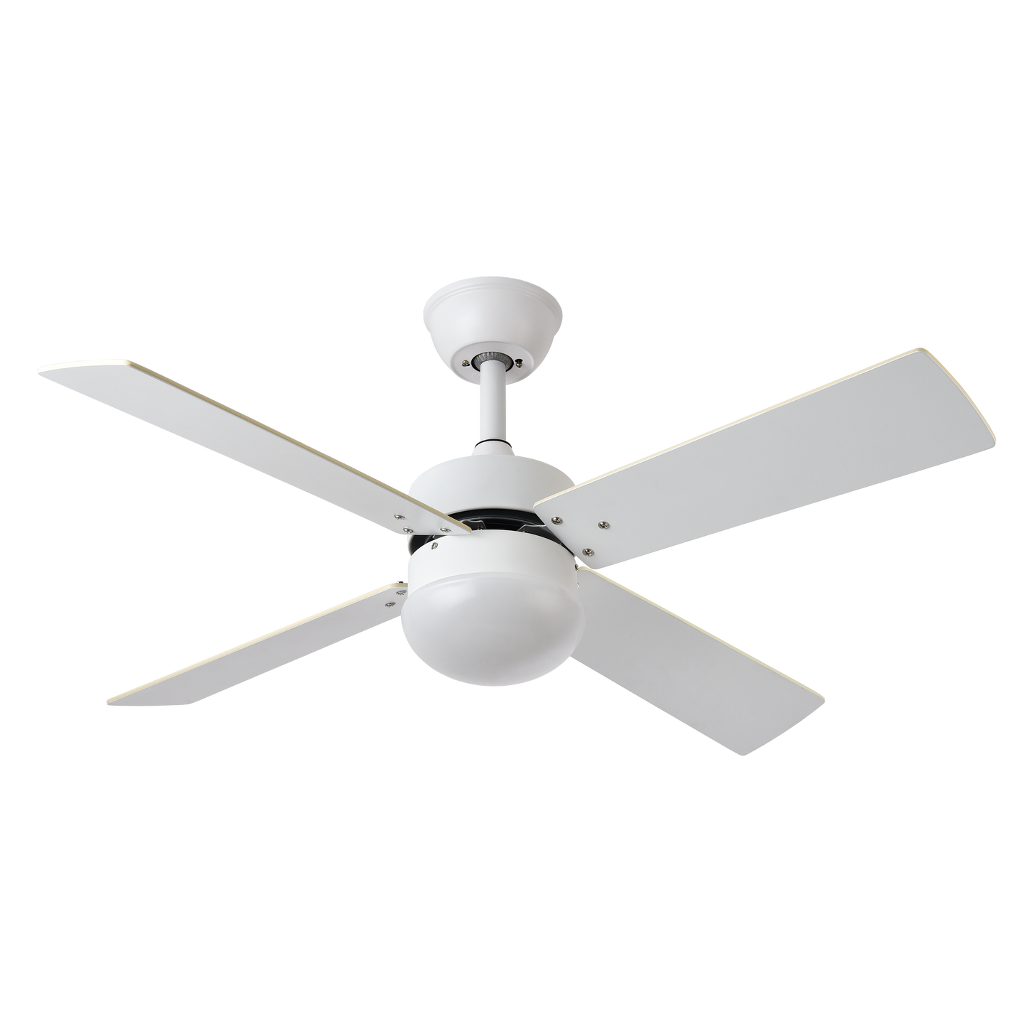 Ventilador de techo Sofia blanco con 4 aspas reversibles, modelo Abrila 175992401, ideal para ventilación de verano e invierno en interiores domésticos, motor DC eficiente, mando a distancia incluido, diseño en haya.