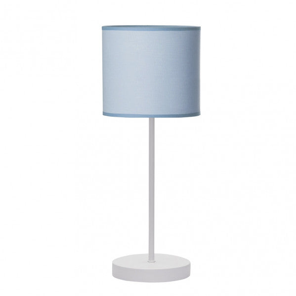 Lámpara sobremesa Ibor de Abrila en blanco y azul, diseño infantil con luz difusa, casquillo E14, ideal para decoración interior doméstica en habitaciones de niños, estructura de metal y textil.