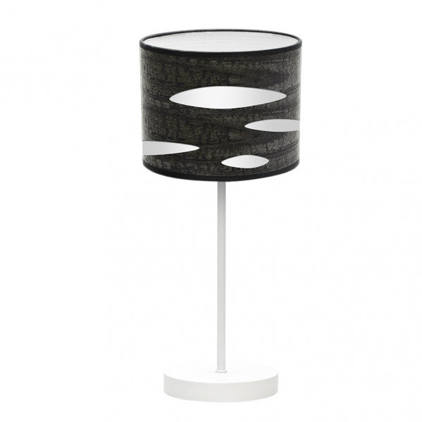 Lámpara de sobremesa Odra de Abrila, modelo 1xE14 en blanco y madera negra, diseño moderno con luz difusa para iluminación interior y decoración doméstica, estructura en metal y textil.