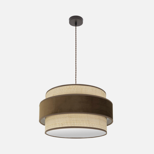 Colgante de iluminación interior Reyes de Abrila, modelo 2xE27 en acabado marrón natural, diámetro 50cm, diseño textil y metal para luz difusa en decoración doméstica