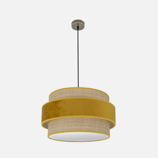 Colgante de iluminación moderna Abrila Reyes en cuero natural y yema, 50 cm de largo, luz difusa para decoración de interiores domésticos con metal y textil, modelo 177495050.