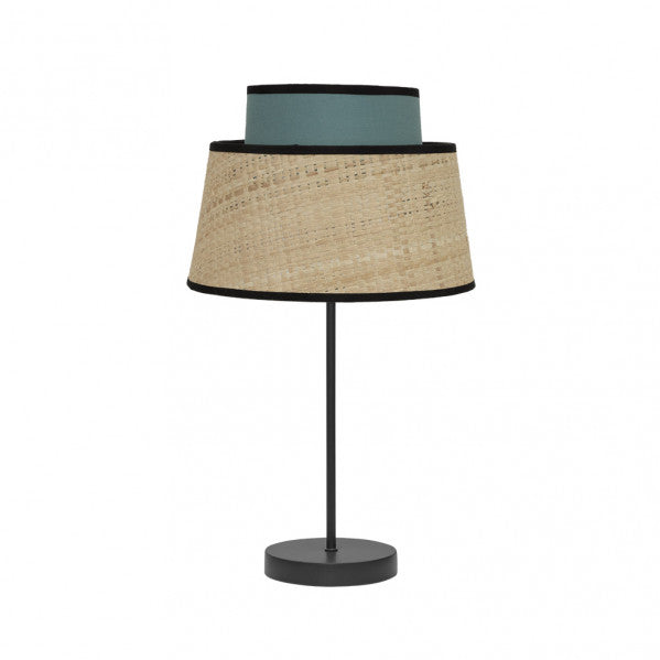 Lámpara sobremesa Jia de Abrila en acabado natural y turquesa, diseño moderno con base de metal texturizado y pantalla textil para luz difusa, ideal para decoración interior y doméstica, referencia 177771048.