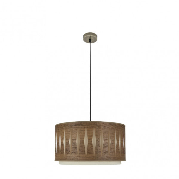 Colgante Alexandra de Abrila en cuero y madera oscura, diseño étnico moderno de 40 cm con 1 casquillo E27, ideal para iluminación interior y decoración doméstica estilo textil y metal.